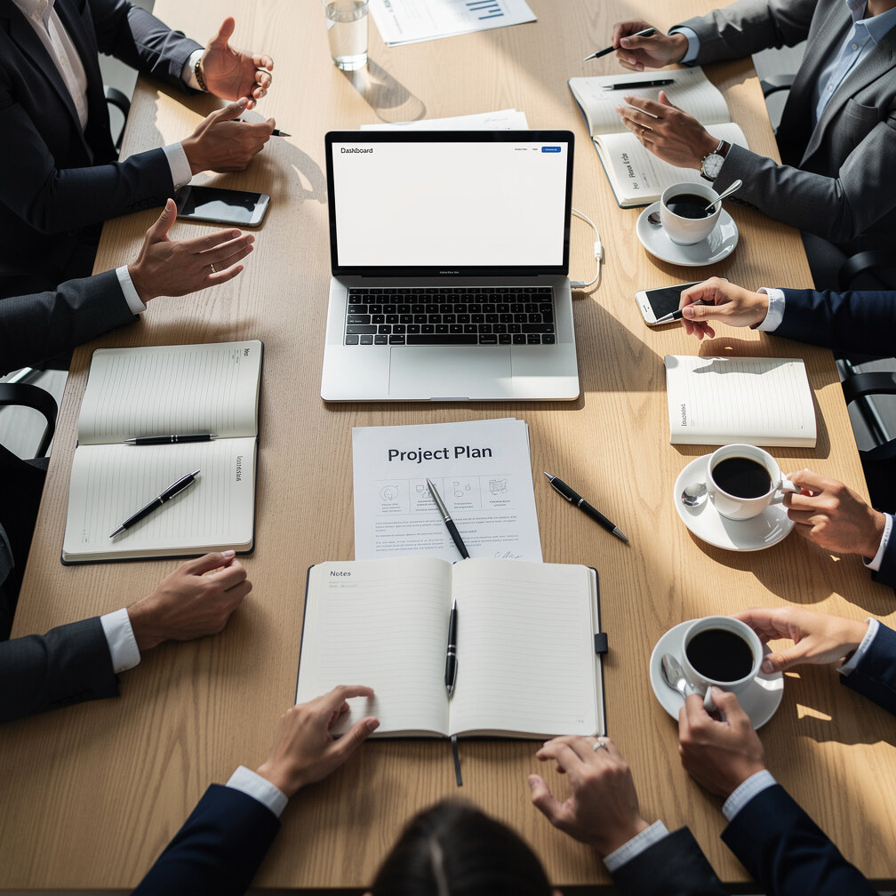 Overhead view of a meeting table with laptops and documents