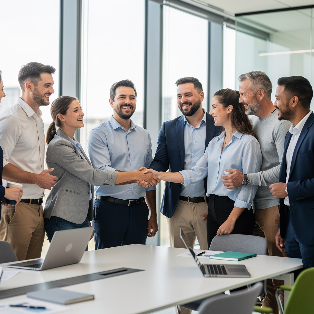 Colleagues shaking hands after a workshop
