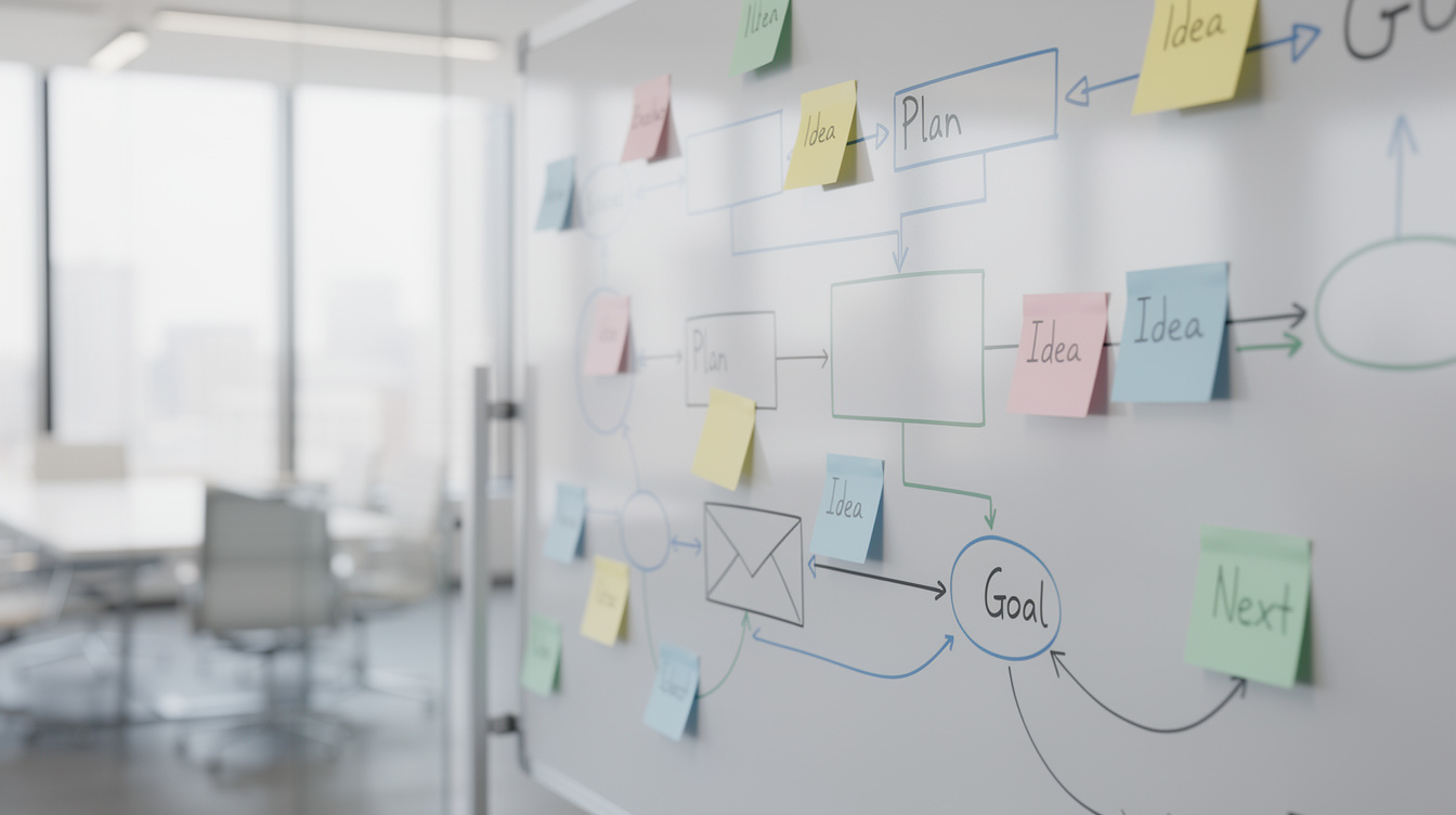 Whiteboard covered with strategy diagrams and notes