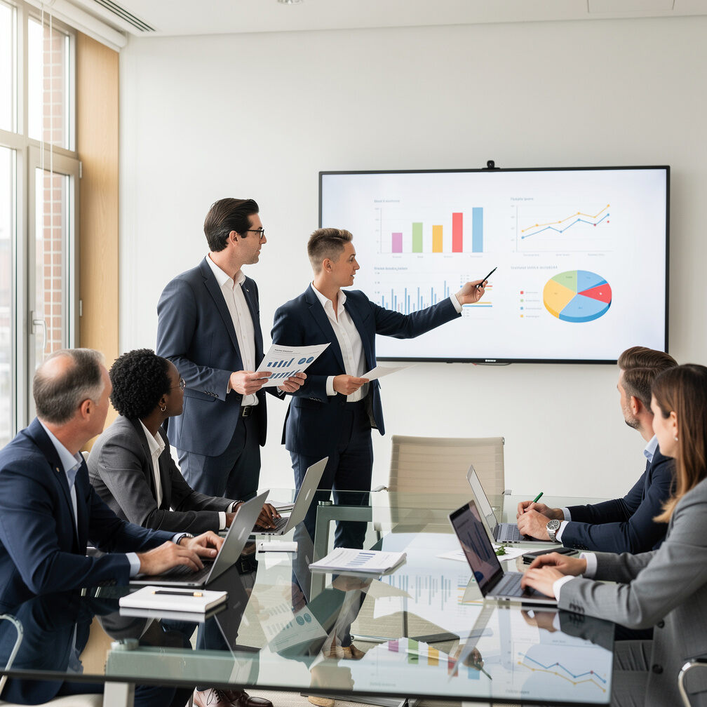 Team presenting analysis findings on a screen