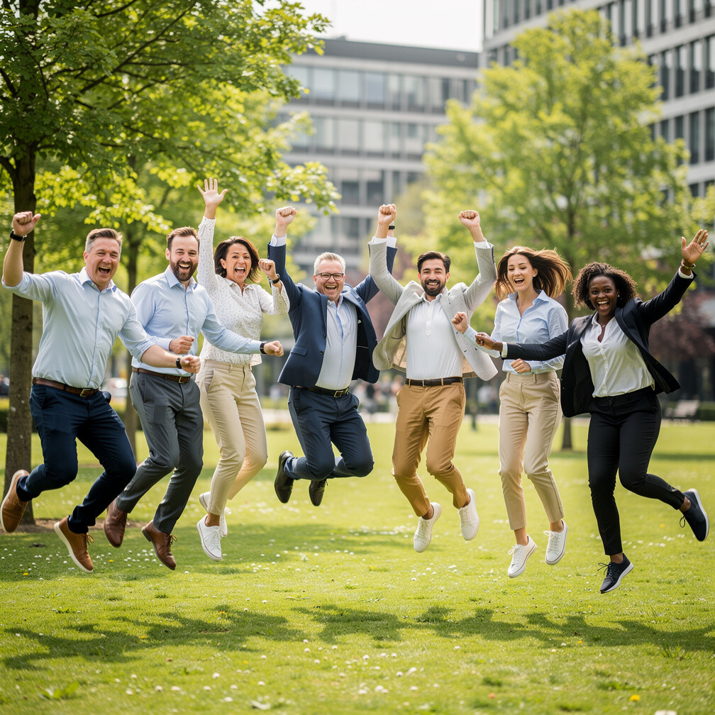 Group of colleagues jumping happily outdoors