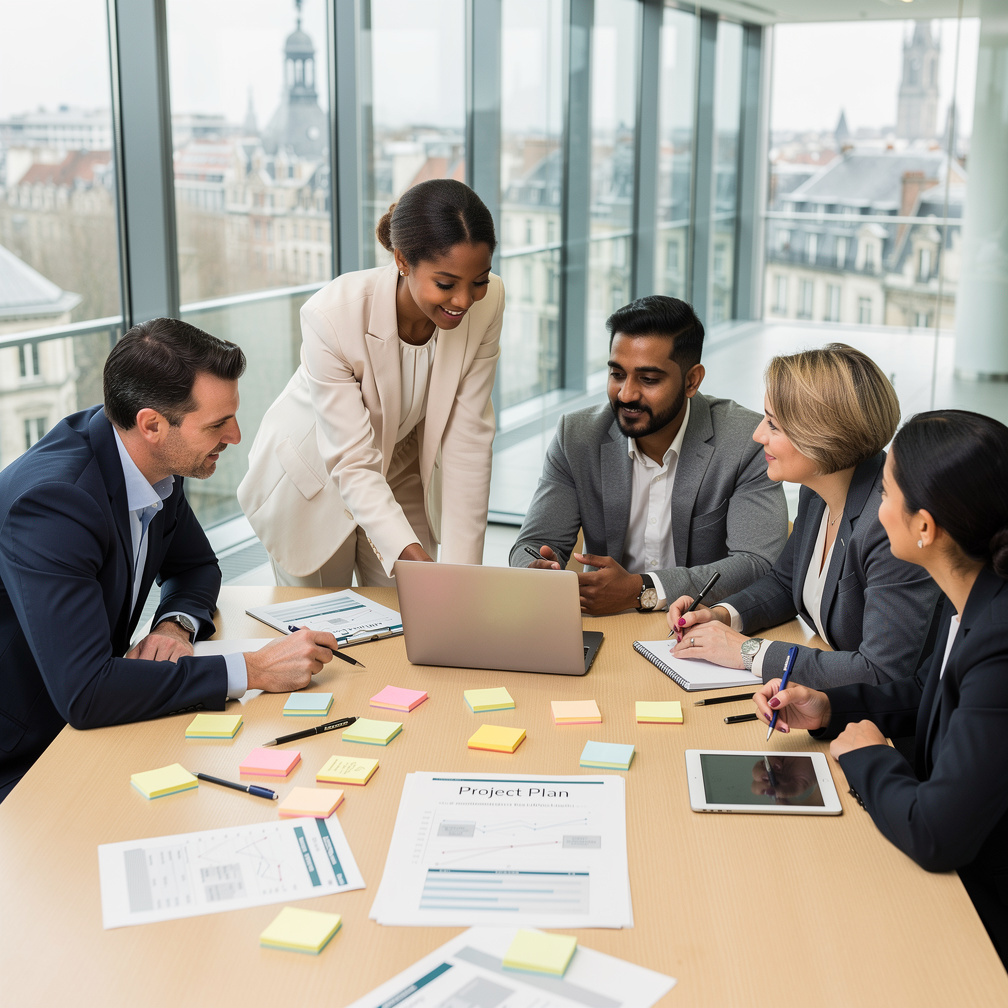Business team collaborating around a table with sticky notes